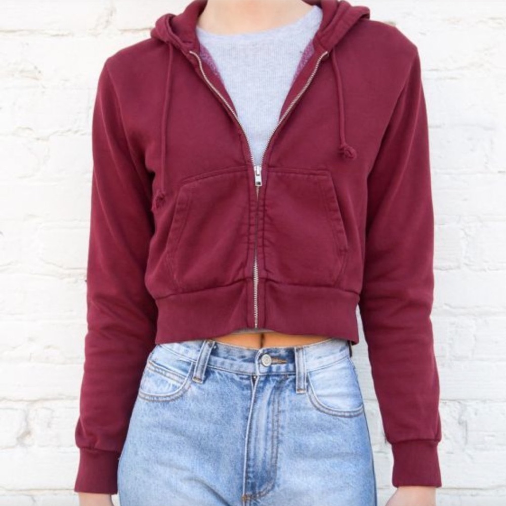 Brandy Melville Cropped Burgundy Zip-Up Sweatshirt